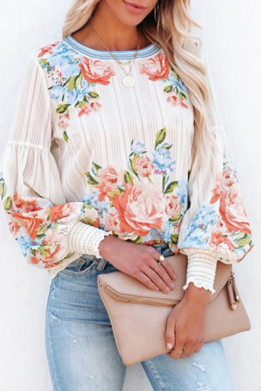 White Floral Shirred Blouse