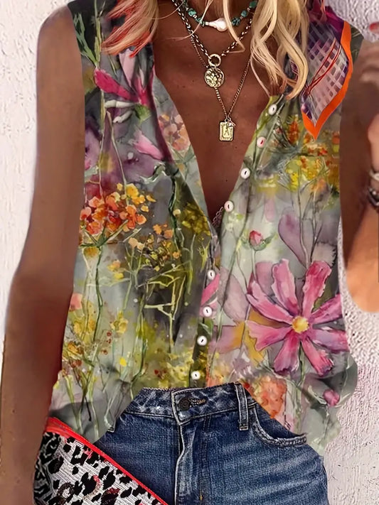 Floral Sleeveless Button Front Blouse